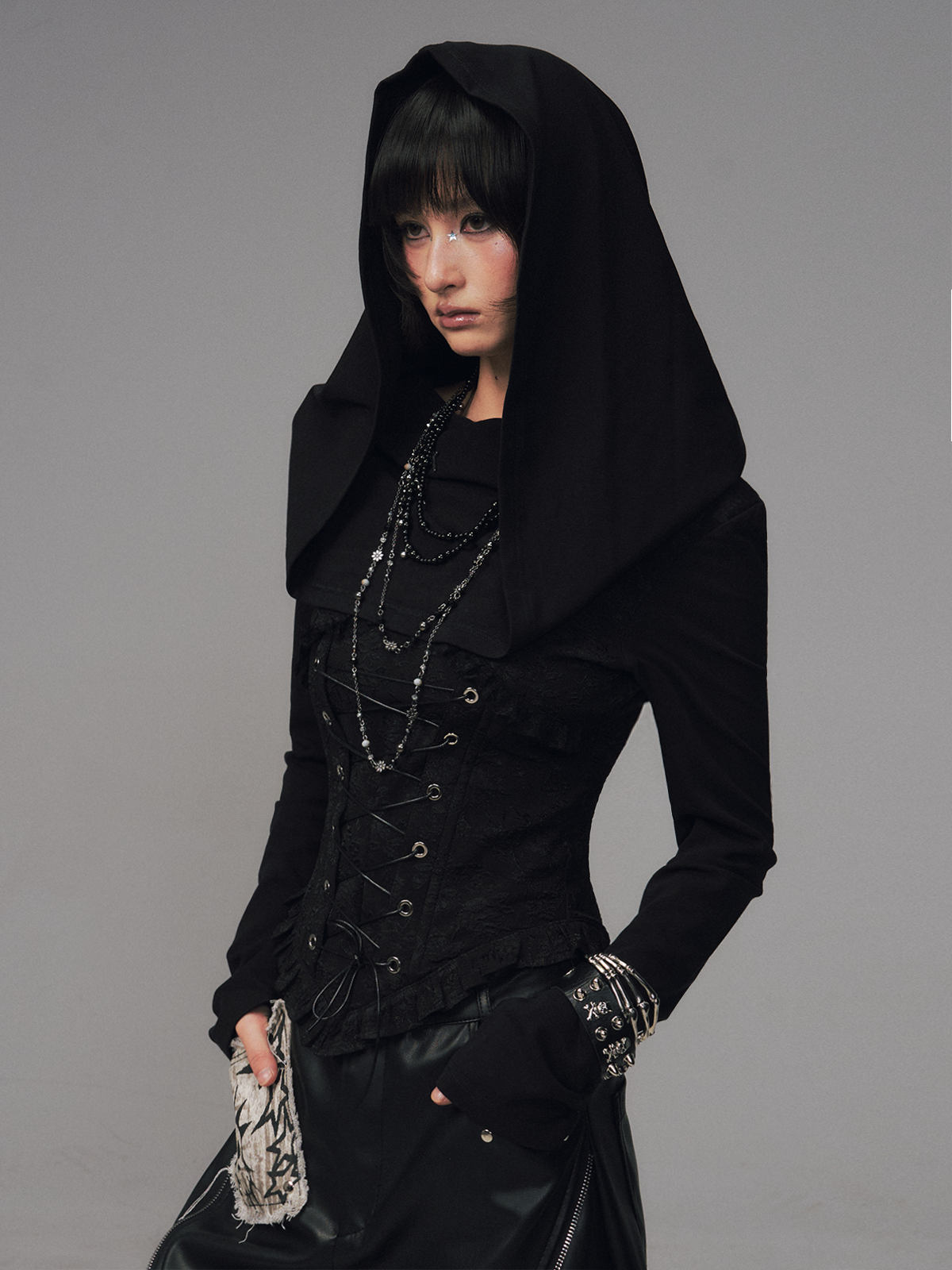 Dark Collar Hooded Patchwork Jacquard Top FRU0121