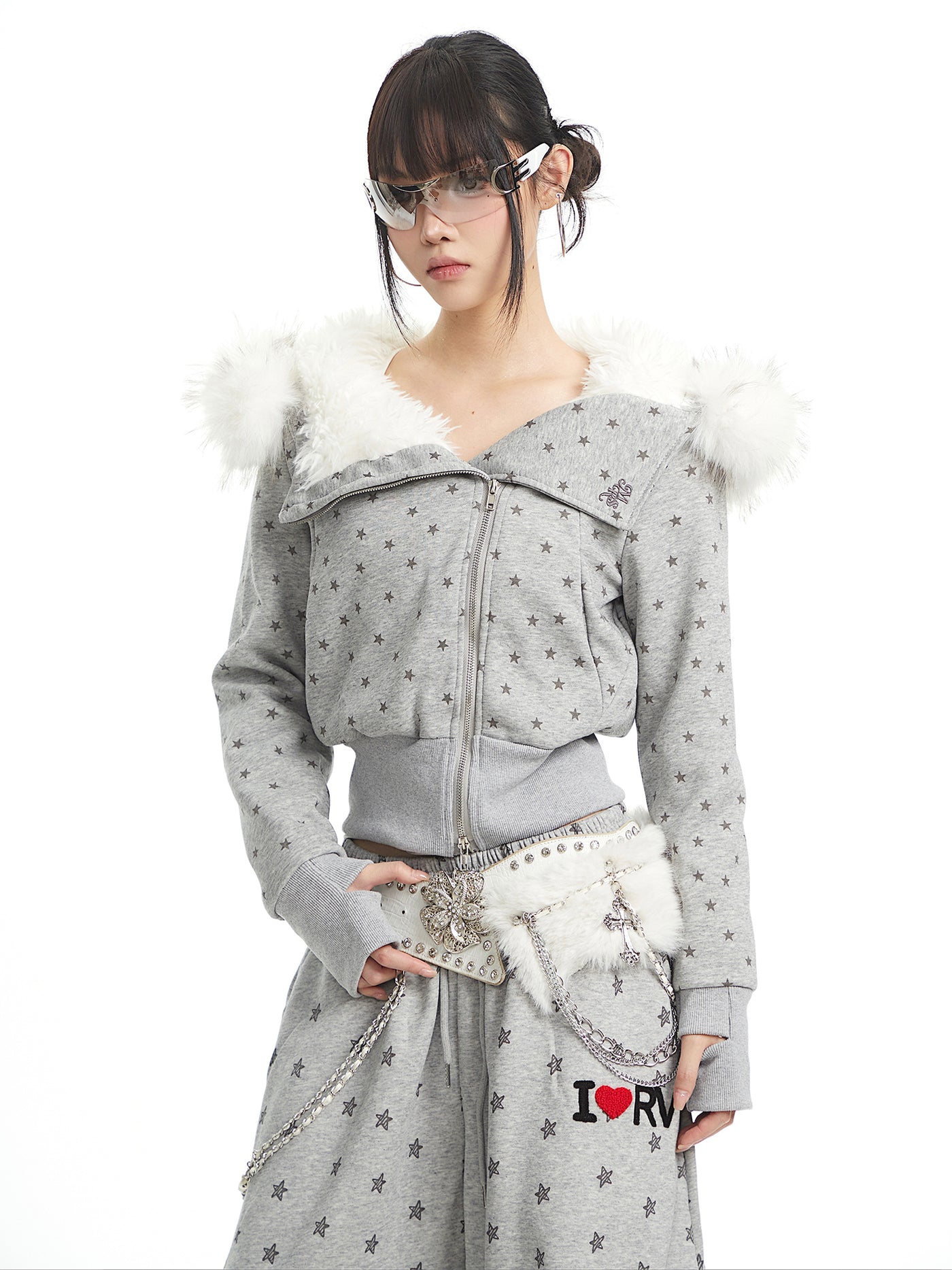 Full Star Design Fur-collar Hooded Jacket UNC0329