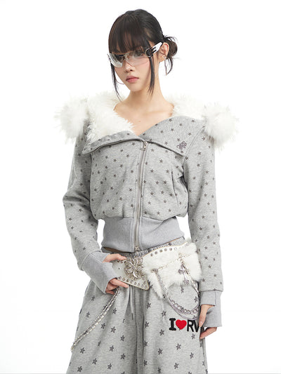 Full Star Design Fur-collar Hooded Jacket UNC0329