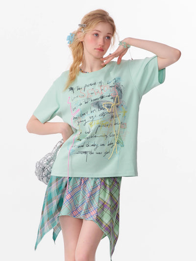 Graffiti Print Loose Bow Short-sleeved T-shirt ZIZ0108