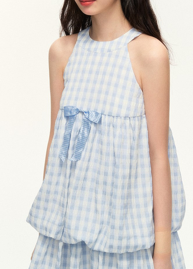 Plaid Pleated Blue Sleeveless Dress NTO0095