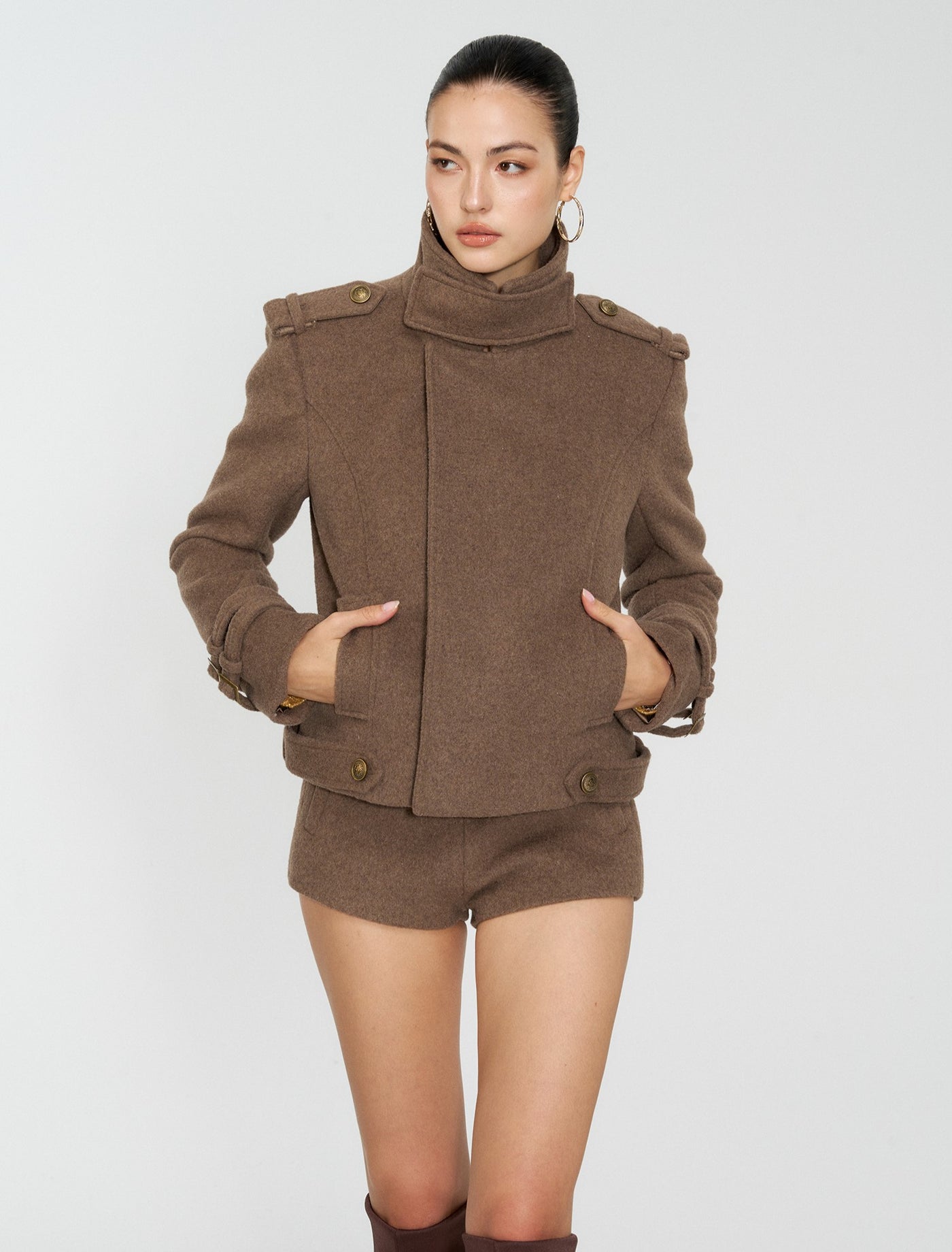Brown High Neck Wool Jacket/Shorts 4MU0163