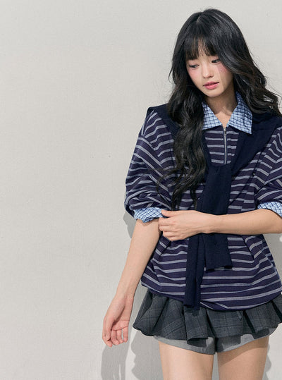 Blue Faux Two-Piece Striped T-Shirt DIA0710