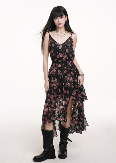 Black Floral Suspender Dress LAD0179
