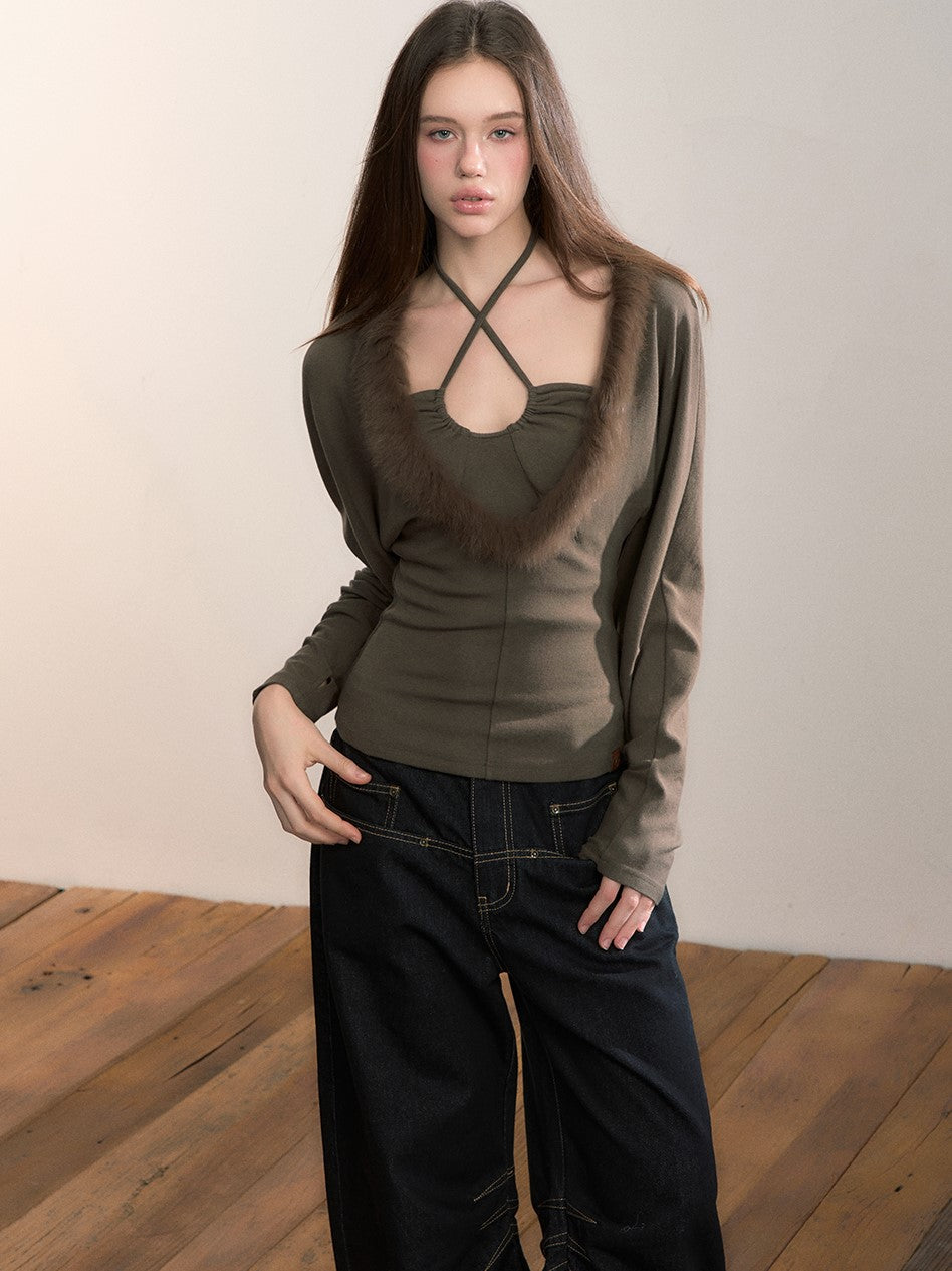 Faux Two-piece Fur Collar T-shirt VIA0359