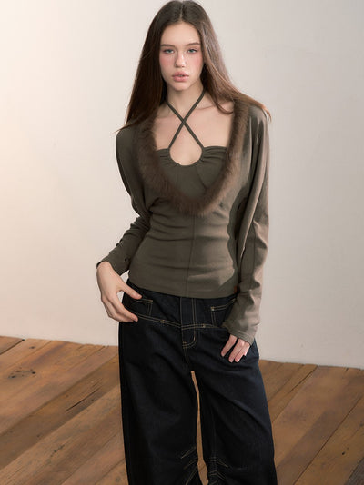 Faux Two-piece Fur Collar T-shirt VIA0359