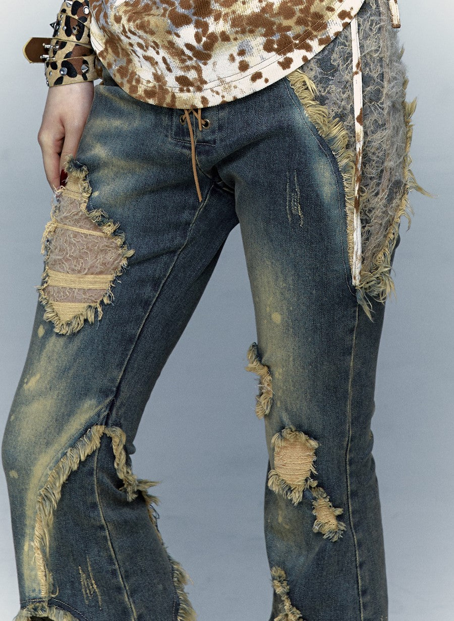 Retro Punk Patchwork Lace Ripped Cropped Flared Jeans NOR0069