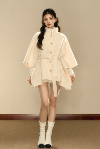 Cream Tweed Gold Button Woolen Cape Coat OSH0102