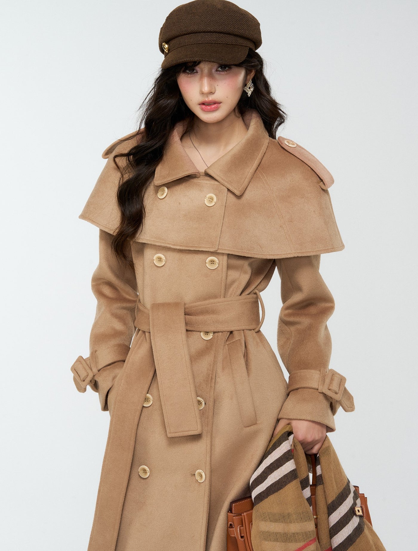 British Style Brown Long Cape Wool Coat 4MU0170
