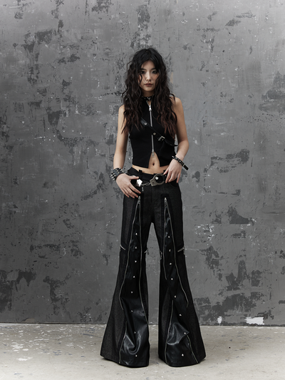 Street Punk Rivet Zipper Cross Wide Leg Flared Pants FRU0047