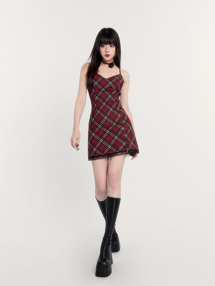 Red Plaid Split Lace Backless Suspender Short Dress VOC0225