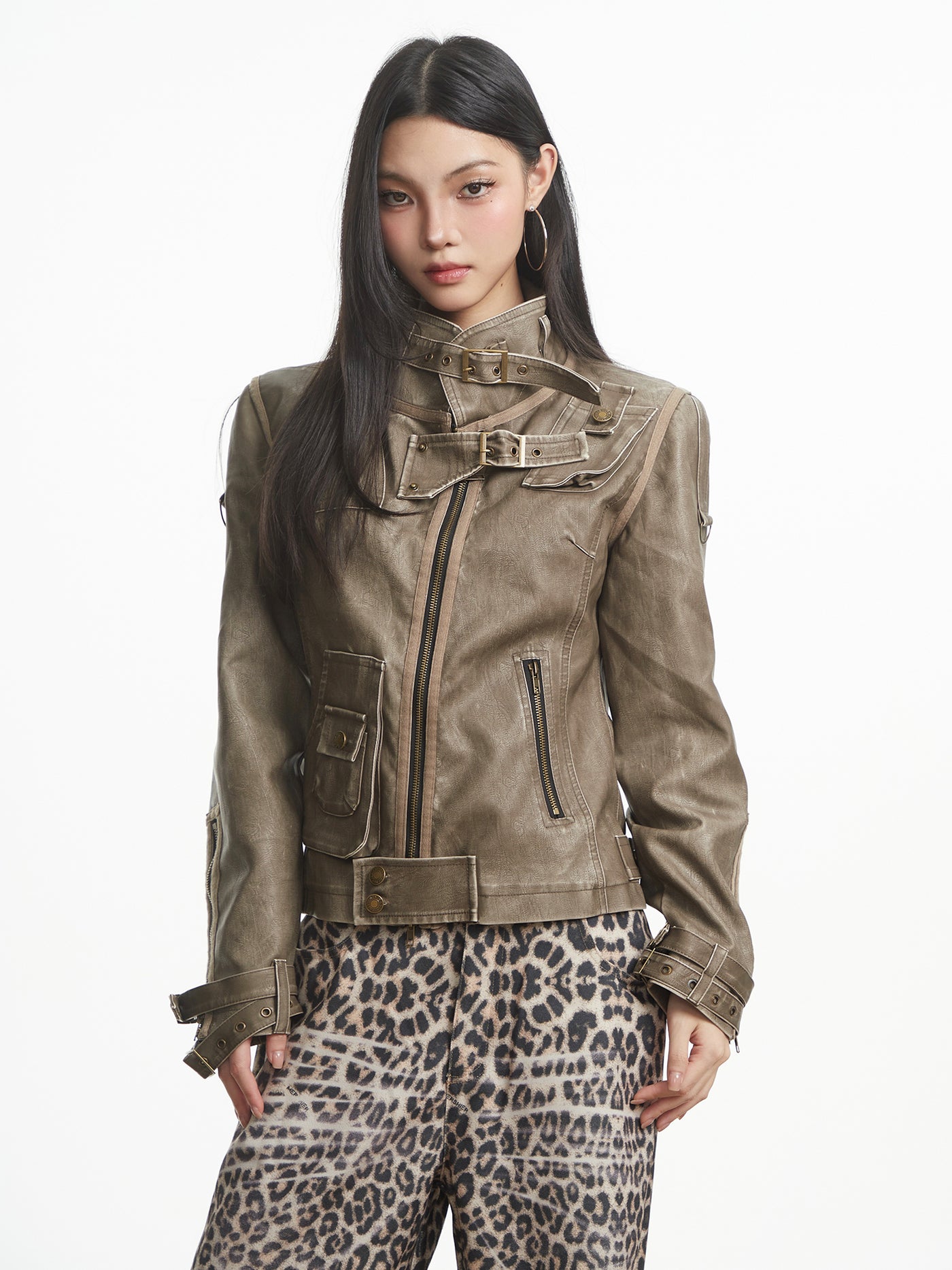 Punk Distressed Leather Workwear Jacket UNC0315