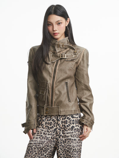 Punk Distressed Leather Workwear Jacket UNC0315