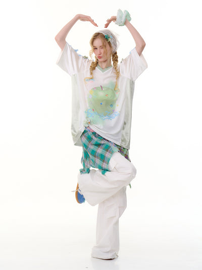 Apple Print Sports Style V-neck T-shirt ZIZ0286
