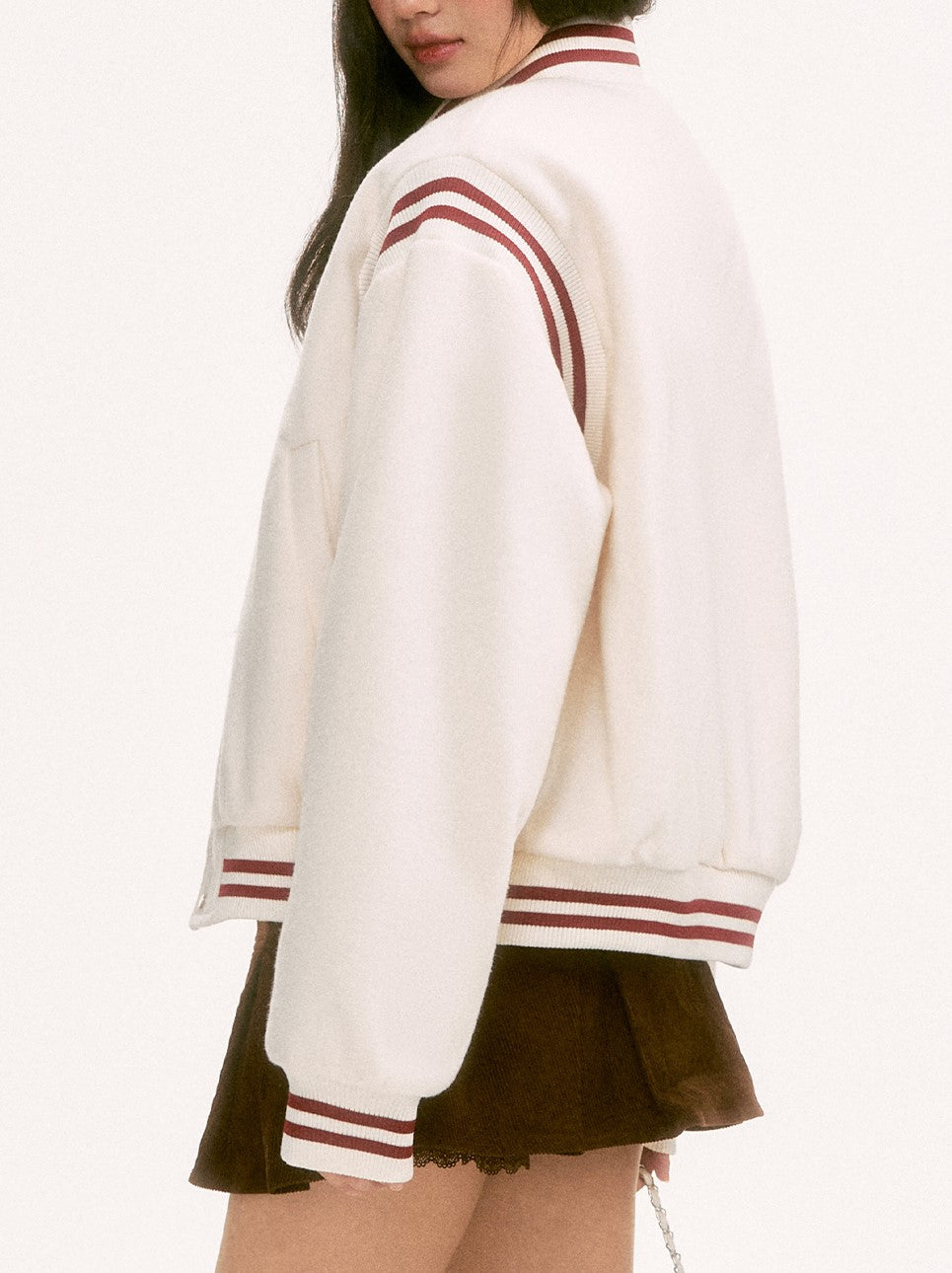 White Color-Blocked Wool Baseball Jacket WEE0125