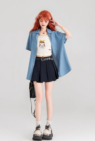 Two-piece Short-sleeved Thin Denim Shirt/Lace-up Vest KEI0088