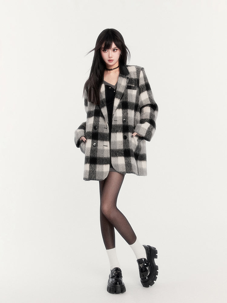 Retro College Style Warm Plaid All-match Woolen Coat VOC0269