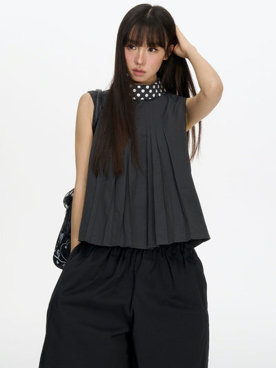 Polka Dot Pleated Sleeveless Top NEC0202