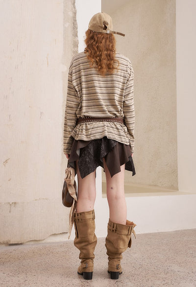 Brown Striped Loose Bird Embroidered T-shirt DID0221