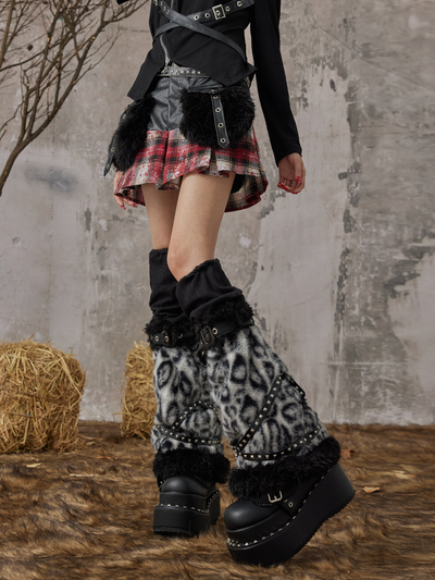 Punk Splicing Leopard Print Rivet Furry Leg Socks FRU0069