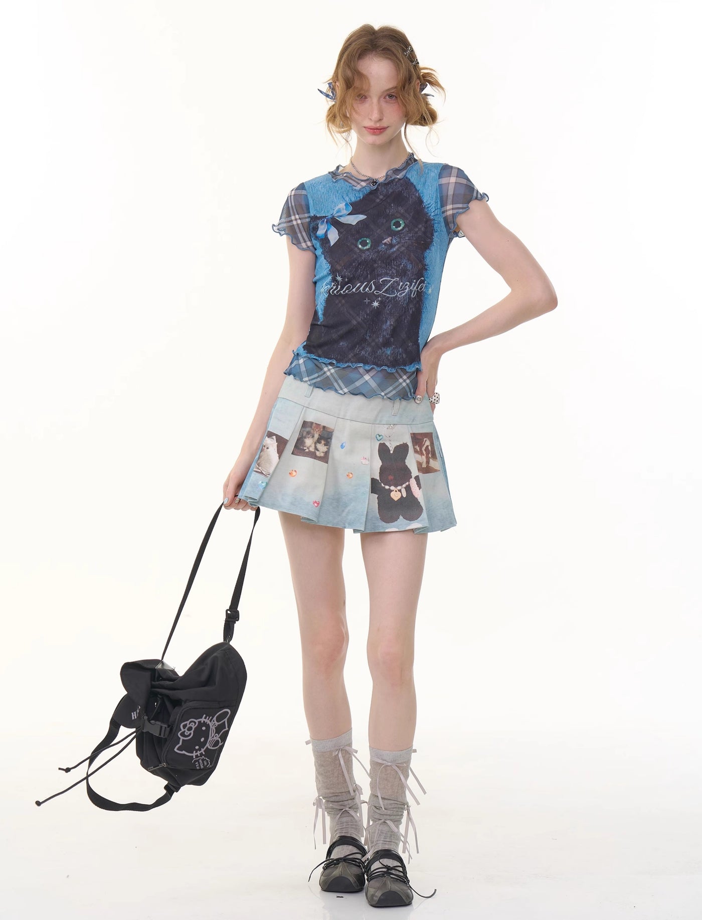 Plaid Fake Two-piece Cat Print T-shirt ZIZ0278