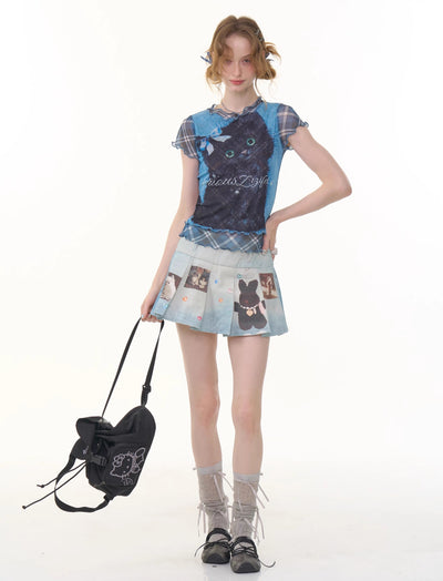 Plaid Fake Two-piece Cat Print T-shirt ZIZ0278