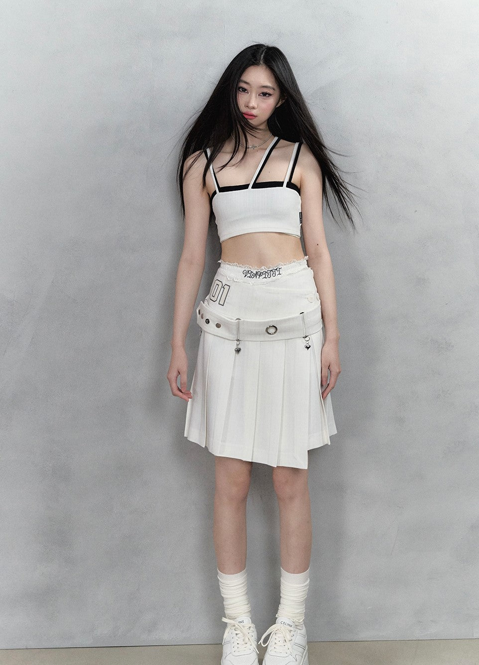 Irregular Waist Pleated A-Line Midi-Length Skirt/Belt VIA0135