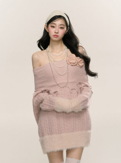 Misty Powder Style One Shoulder Knitted Short Dress DIA0239