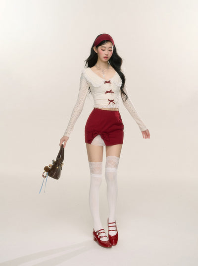 Sweetheart Doll Collar Lace Long Sleeve Thin Shirt/Red Skirt DIA0220