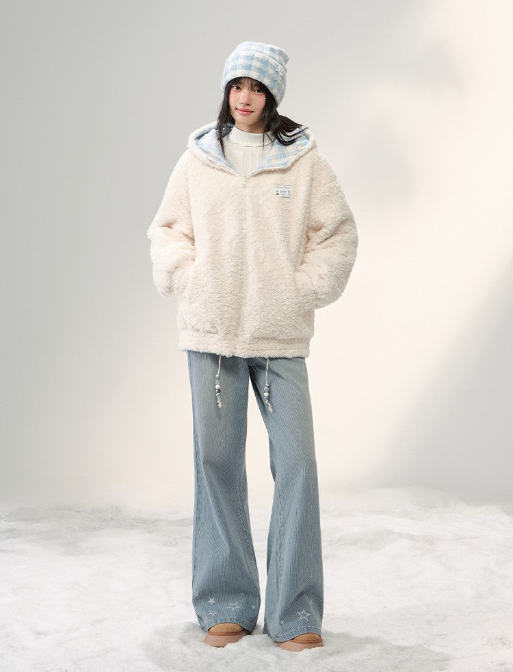 Plush Bear Ear Hooded Plaid Furry Jacket NTO0251