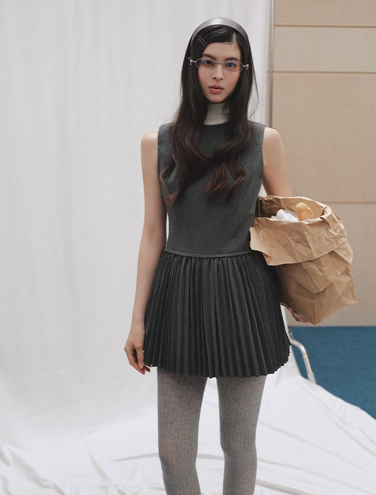 Layered Round Neck Pleated Vest Dress LAL0250