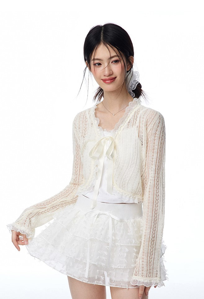 Hollow Light Bow Lace Knitted Cardigan/Camisole/Skirt NTO0102