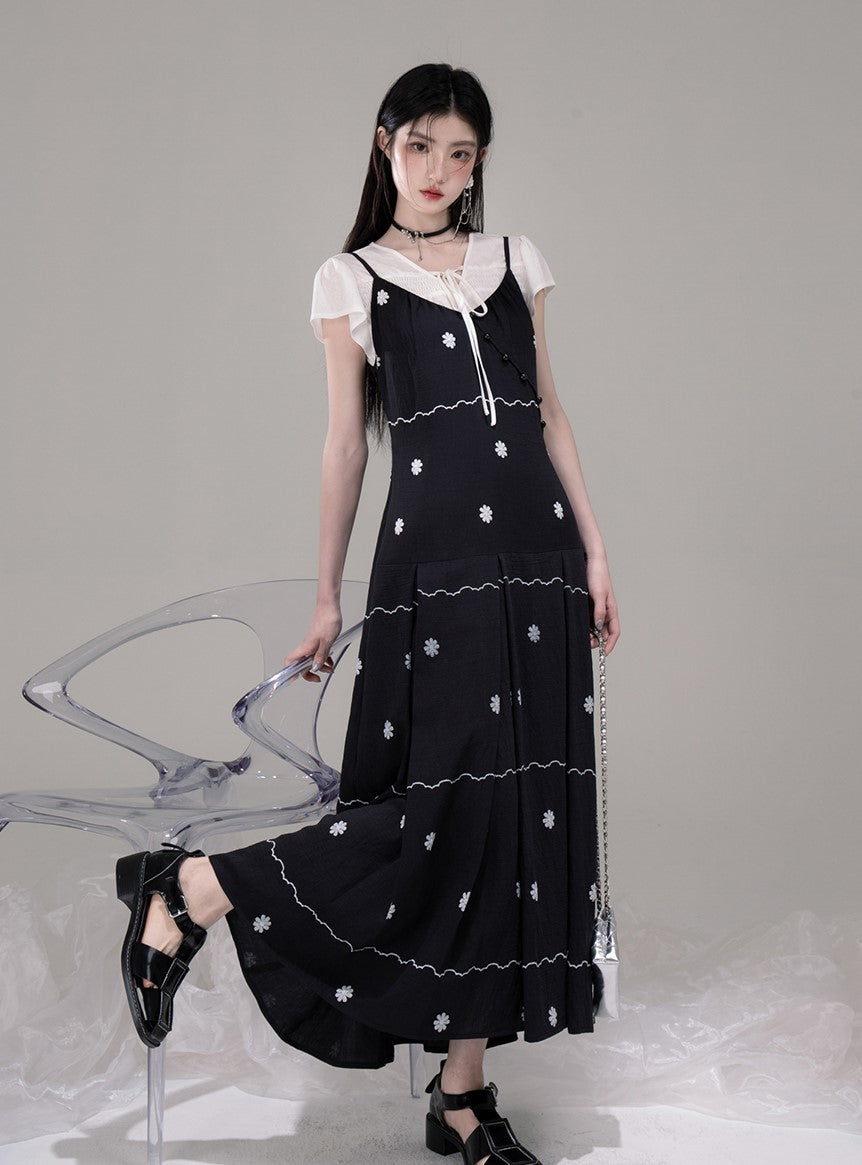 V-neck Shirt+Pleated Black Printed Dress COT0302