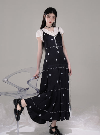 V-neck Shirt+Pleated Black Printed Dress COT0302