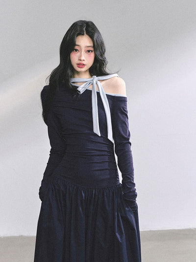 Off-shoulder Waist Slim Bow Dress DIA0574