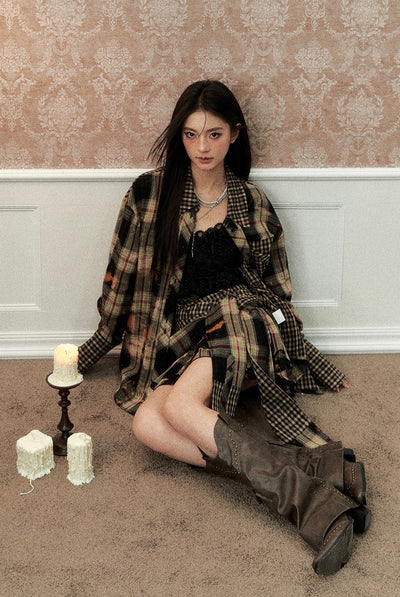 Lace Camisole/Plaid Shirt/Irregular Skirt VIA0151