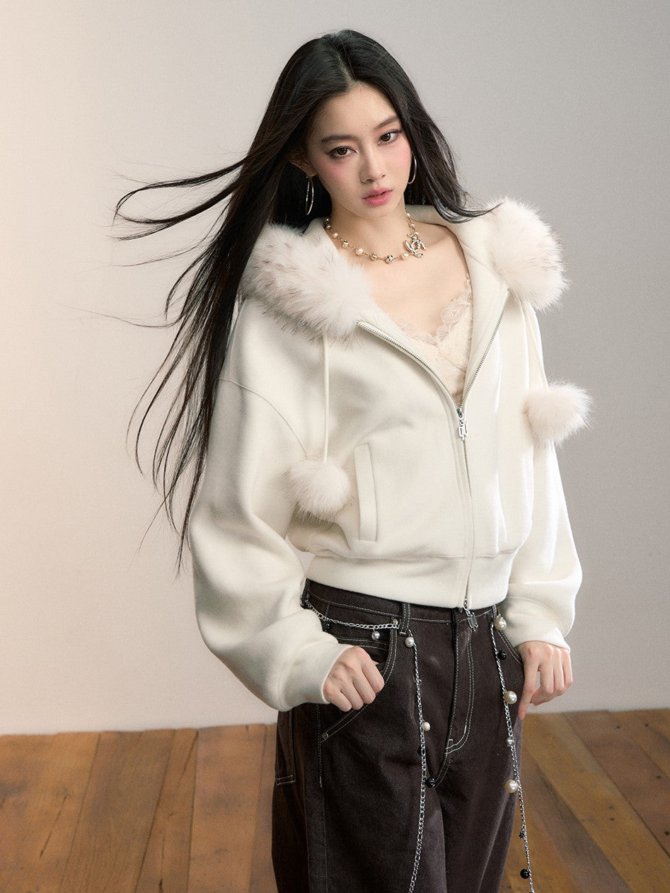 Fleece Pompon Fur Collar Sweatshirt Jacket VIA0355