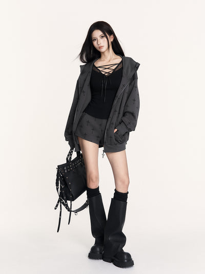 Casual Cross Design Hooded Jacket/Shorts VOC0459