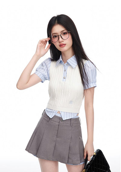 Fake Two-piece Puff Sleeve Striped Short-sleeved Shirt Cable Knit/Skirt Pants NTO0091