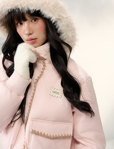 Shell Embroidered Fur Collar Hooded Down Jacket NTO0250