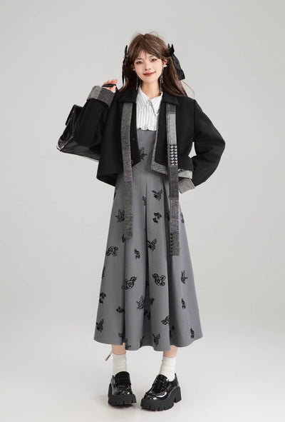 Bow Tie Short Jacket/Black Slit Long Skirt/Plaid Short Skirt KEI0184