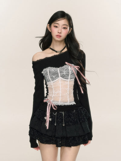 Slightly Transparent Lace Off-shoulder T-shirt DIA0233