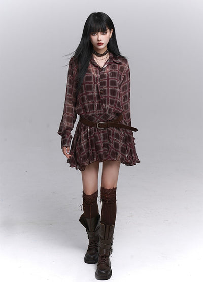 Red Brown Long-Sleeved Plaid Shirt Dress LAD0226