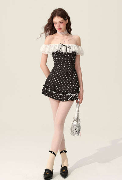 Black One-shoulder Polka Dot Dress DIA0176