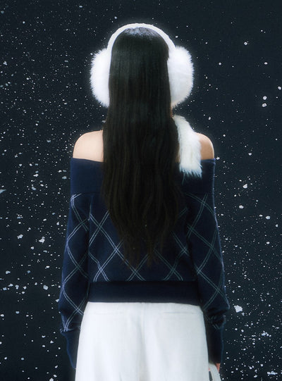 Off-Shoulder Diamond Pattern Sweater WEE0107