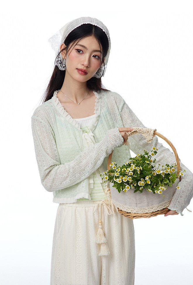 Lace Hollow Mint Color Knitted Cardigan/Pants NTO0109