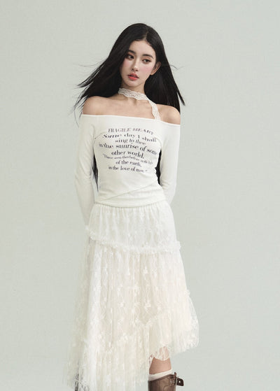 Slim White One Shoulder Letter Printed T-shirt/Skirt FRA0195