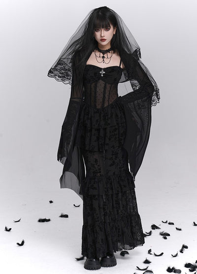 Black Fishtail Suspender Dress/Shawl LAD0242