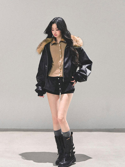 Black Large Lapel Leather Jacket DIA0690