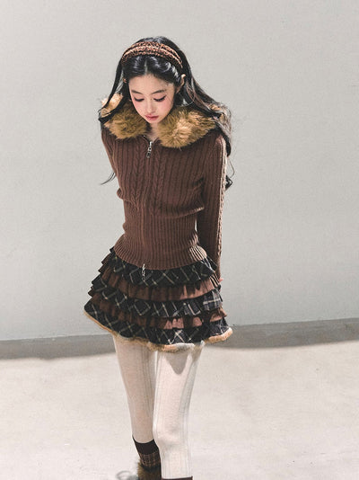 Fur Hooded Knitted Cardigan DIA0686